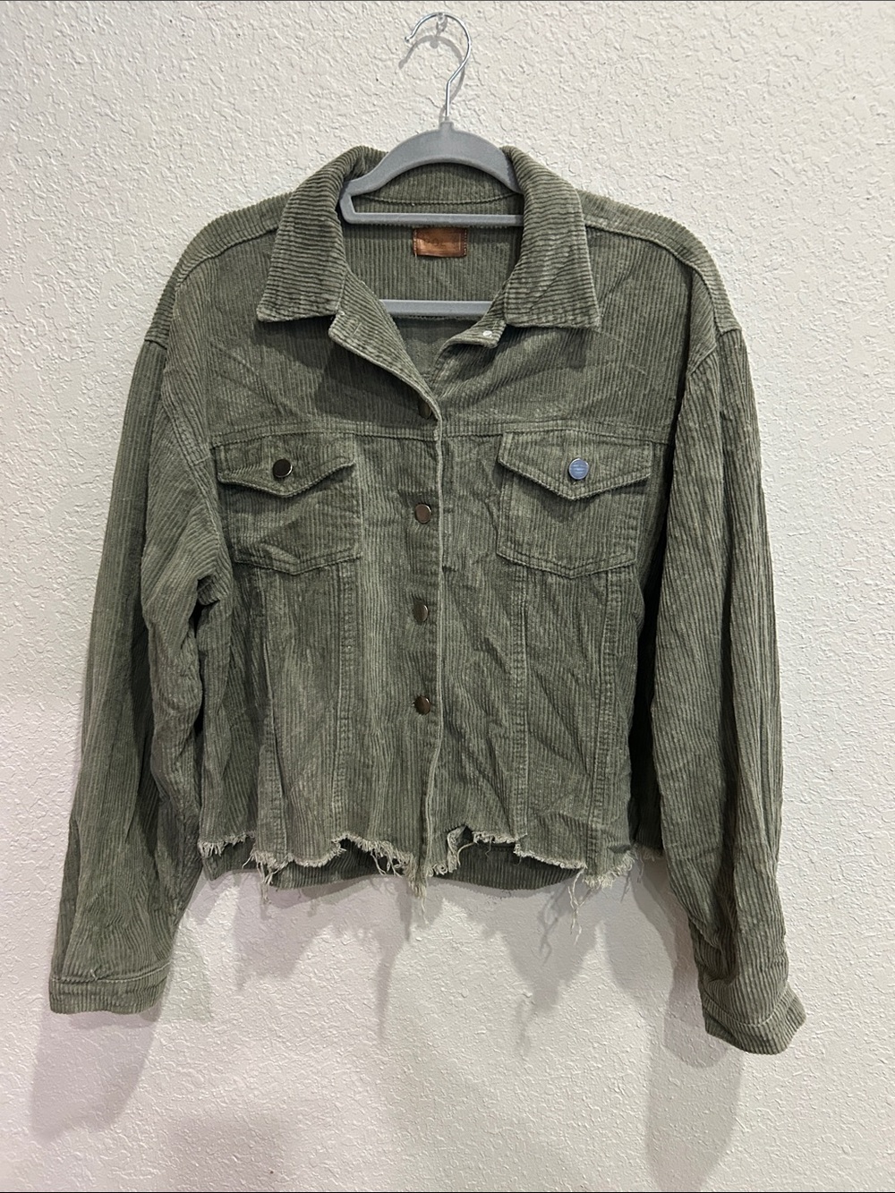 POL Olive Green Corduroy Cropped Jacket with Distressed Hem